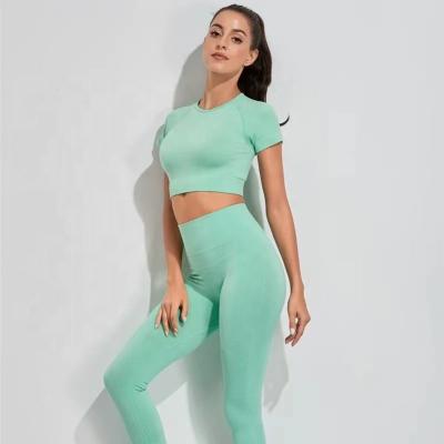 China Logo Women Fitness Sport Wear Custom Breathable Clothes Ladies Gym High Waisted Long Pants 2 Pieces Set Seamless Yoga Set for sale