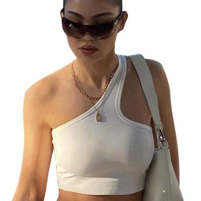 China Anti-wrinkle women wear 2022 summer new solid color single shoulder navel sleeveless exposed vest casual V cut T-shirt for sale