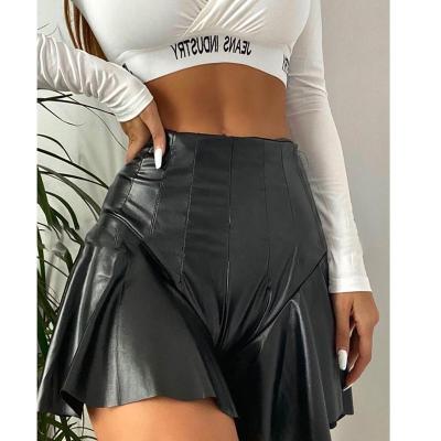 China Anti-static sexy slim leaf lotus leaf PU high waist PU bag skirt leather pants nightclub pleated shorts leather skirt short skirt for sale