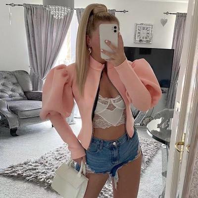 China 2021 autumn new fashion women's round neck bubble sleeve short zipper slim fit European and American style Anti-wrinkle women's slim fitting jacket for women for sale