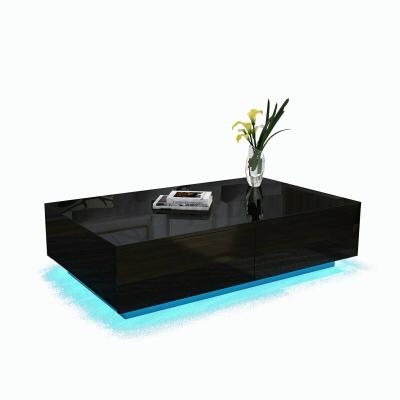 China (Size) RGB LED Adjustable High Gloss Black Coffee Table With Drawers Storage Sofa Side End Modern Table for sale