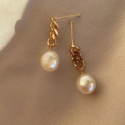 China Vintage Fashion Jewelry 925 Silver Luxury Figaro Chain Link Pearl Stud Dangling Earrings for sale