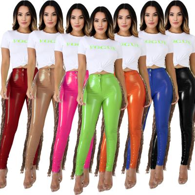 China JINPO A003-177 new women's anti-pilling high elasticity plus velvet leather pants quilting sequined fringed PU leather pants for sale