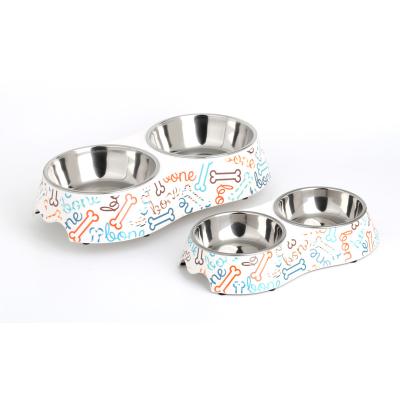 China Sustainable double dog bowl, non-slip, in stainless steel, melamine three sizes to choose the pet bowl for sale