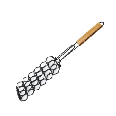 China Corrosion Resistance Sausage BBQ Grill Non-stick Coating Basket With Beech Handle for sale