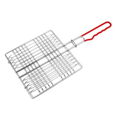 China Corrosion Resistance Chrome Plated 4 Four Burger BBQ Grill Basket With Red PVC Handle for sale