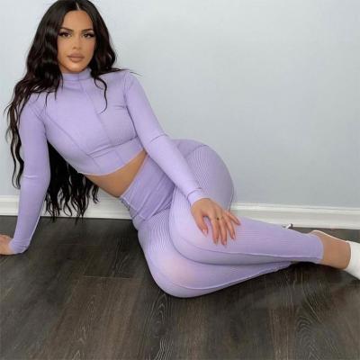 China Breathable Solid Tracksuit Outfits Womens Long Sleeve Crop Top Legging Clothing Fall Joggers Two Piece Pants Set for sale