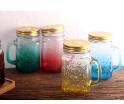 China Wholesale Colored Tea Store Fruit Juice Glass Milk Tea Shop Fruit Juice Summer Drink Bottle Color Gradient Color Gradient Handle Square Mug for sale