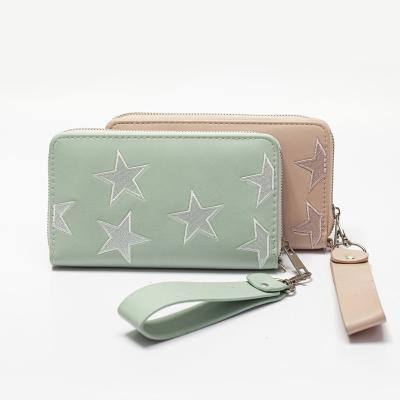 China New Anti-theft Large Capacity Clutch Bag With Embroidery Yarn Star PU Ladies Wallet With Wrist Strap for sale