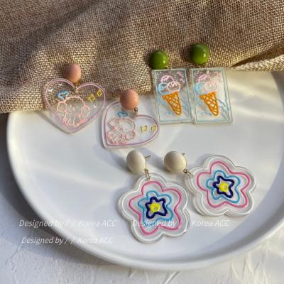 China 925 Flower Heart Ice Cream Flower Geometric Animal Earring Pin Studs Casual/Sporty Painting Crystal Acrylic Transparents Dangle Cute Earrings for sale