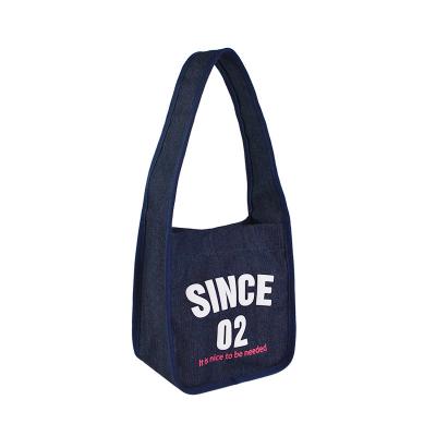 China Wholesale Recyclable Denim Shoulder Bag Cotton Canvas Women Shopping Bag Custom Logo Fashion Long Strap Lady Bag for sale