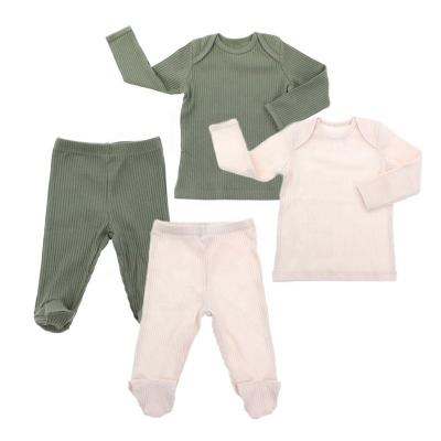 China Wholesale Custom Breathable Solid Color Long Sleeve Rib Cotton Baby Set Pajamas Baby Pajamas Sets for sale