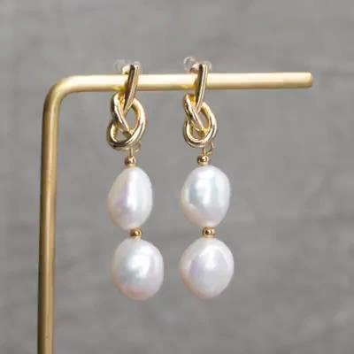 China FASHIONABLE Knot Pearl Real Gold Copper Plated Baroque Special Shaped Earrings Women's Rope Freshwater Earrings for sale