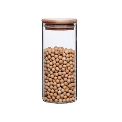 China Freshness Keeping Kitchen Tools Lid Bamboo Tube Shaped Storage Glass Jar Food Coffee Pasta Storage Container Airtight Leakproof Glass Box for sale