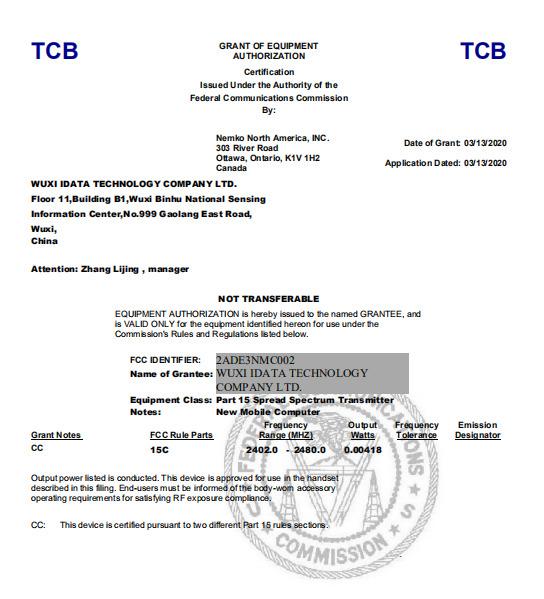 FCC - Wuxi Idata Technology Company Ltd.