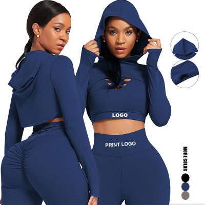 China Custom Quality Anti-Static Hoodie Private Label Long Sleeve Crop Cutout Yoga Running Hooded Top Workout Tops for sale