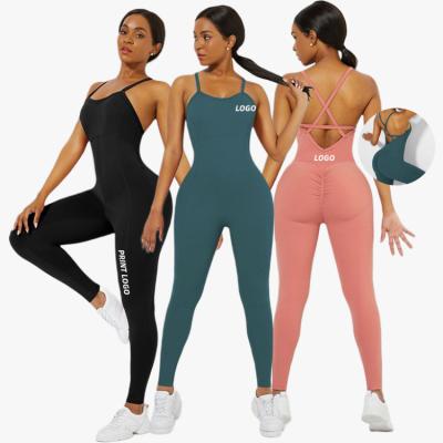 China The Crac Back Solid Color Breathable Workout! crack! Custom Strappy Butt Womens Sets Bodycon Activewear Jumpsuit for sale