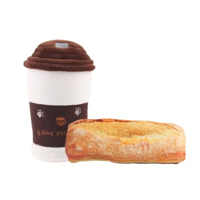 China Sustainable Coffee and Bread Style Pet Toys Food Shape Chew Squeaky Dog Toy Plush for sale