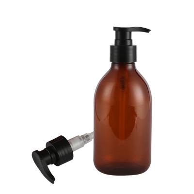 China Custom Refillable Cosmetic Soap 300ml 4oz 250ml Empty Round Amber Brown Round Empty Shampoo Shower Shampoo Boston Plastic Bottle With Pump for sale