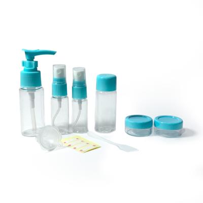 China 8 Piece Pet Cosmetic Blue Travel Bottles With Empty Bag Dispenser Custom Portable Cosmetics Sets Mini Travel Bottles for sale