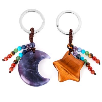 China Natural Foreign Trade Accessories Crescent Moon Star Chakra Tassel Crystal Key Chain Woven Rope Europe Wholesale for sale