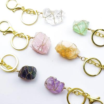 China Handmade Raw Stone Amethyst Winding Key Chain Natural Powder Crystal Stone Irregular Key Pendant Wholesale From Europe for sale