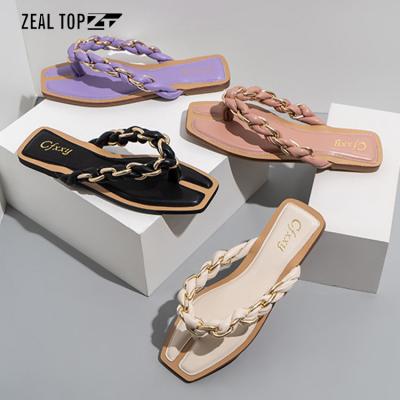 China New Fashion Trend Summer Leisure Flat Women Slippers Square Toe Trendy Outdoor Sandals Flip Flops for sale