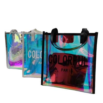 China Popular Colorful Holographic Clear PVC Tote Recyclable Fashion Shopping Bag for sale