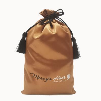 China Pockets Recyclable Drawstring Storage Silk Satin Hair Wig Bags Gift Bag With Tassel for sale