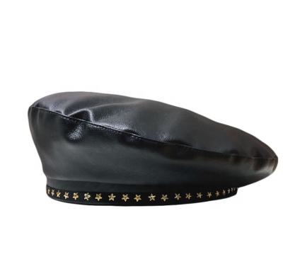 China 2021 Fashion Style Wholesale Casual Leather French Beret Hat PU Girl Fashion British Black Star Star for sale