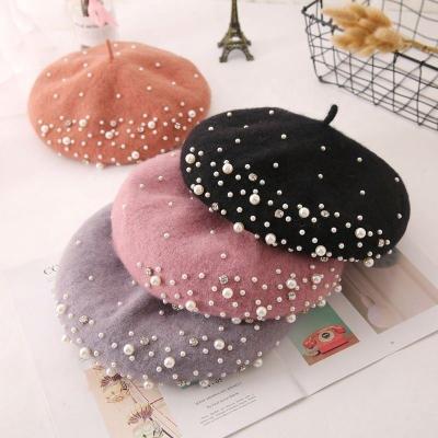 China The Picture 2021 Winter Wool Beret With Rhinestone Beads Women Good Quality Boina Autumn Spring Hat Solid Color Female Hat for sale