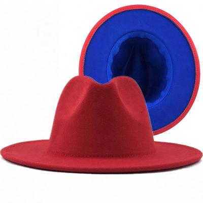 China Plush 2021 2021 Two Tone Fashionable Color Stylish Women Men Party Fedora Hat With Faux Leather Tie Up Crisp Red Bottom Felt Wide Brim for sale