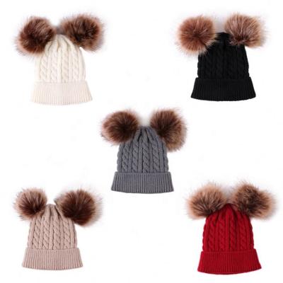 China 2021 New COMMON Style Custom Custom Toddler Infant Beanie Woolen Cap Pure Color Knit Double Twist Pom Wool Winter Hat For 0-2 Years for sale