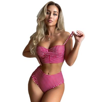 China Removable Padded Women's Sexy Halterneck Split New 2023 Lattice Two Piece Bikini Swimwear Covered Tummy Beach Vacation Swimwear High Waist for sale