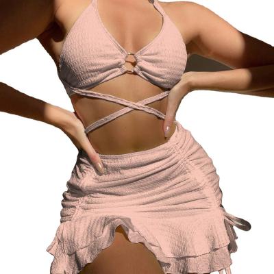 China OEM Latest Design Women Removable Padded Bandage Strings Swimsuit Bikini 3 Piece Swimsuit Cover Up Sexy Women Bikini Swimwear for sale