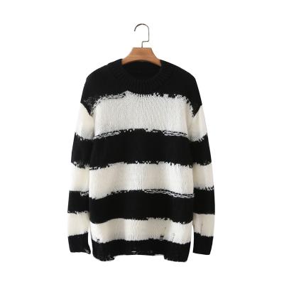 China OEM/ODM Breathable Custom Women Sweater 2021 Knitted Striped Sweater Ripped for sale