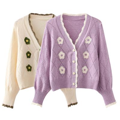 China OEM Breathable Women Long Sleeve V-Neck Knitwear Floral Jacquard Cardigan Sweater for sale