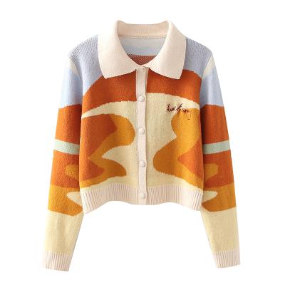 China Breathable Multi Color Pattern Long Sleeve Turn Down Collar Contrast Cardigan Sweater for sale