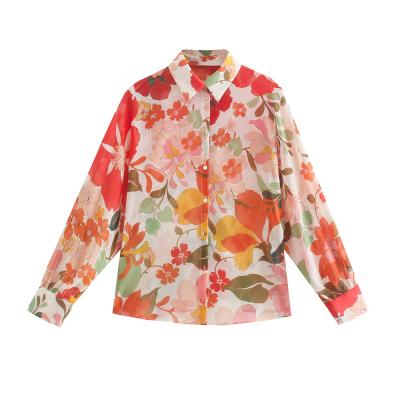 China China Manufacture Professional Ladies Floral Print Blouses Anti-pilling Long Sleeve Shirt for sale