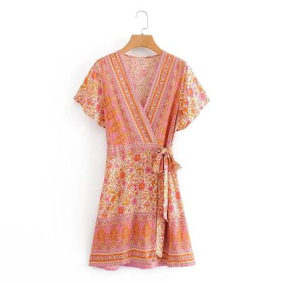 China Custom Made Breathable V Neck Dress Printed Rayon Wrap Dress For Summer for sale