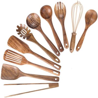 China Sustainable Natural Teak Wood Kitchen Utensil Non Stick Wooden Utensils Set For Cooking Cookware Spatula Soup Spoon Pocket Pasta Colander for sale