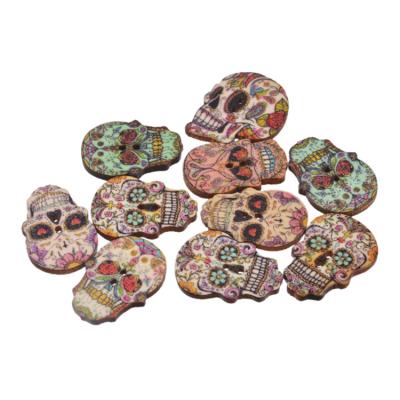 China Hot Sale Two Holes Flatback Colored Sugar Skull Design Wooden Buttons For Decoration for sale