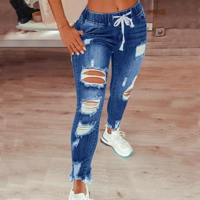 China Plus Size Women's Jeans Breathable Drawstring Ripped Hole Stretch Jean Pencil Pants Ladies High Waist Plus Size Women's Jeans for sale