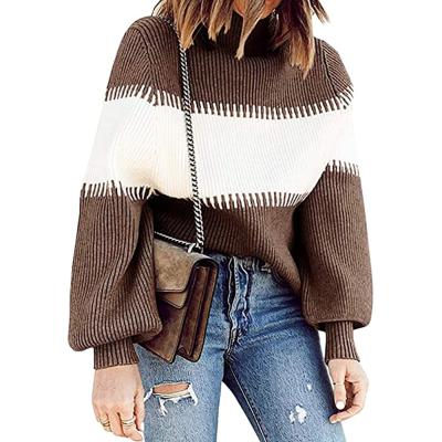 China 2021 Turtle Neck Loose Casual Ribbed Women Sweater Color Contrast Breathable Sweaters Autumn Women for sale