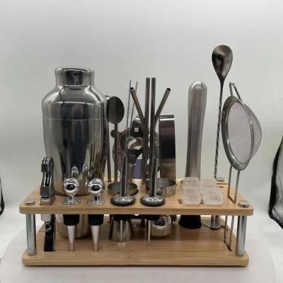 China Bamboo Wooden Cocktail Shaker Stainless Steel Bar Set Kit Bartender Barware Tools 700ml Rack Cocktail Shaker Set Factory Direct Customizable for sale