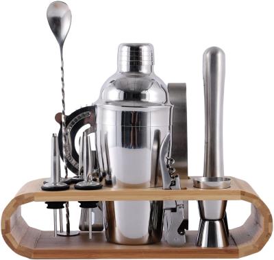 China Morden Cocktail Shaker Set Stainless Steel Custom Logo Bartender Kit With Elegant Wooden Cocktail Shaker Stand for sale