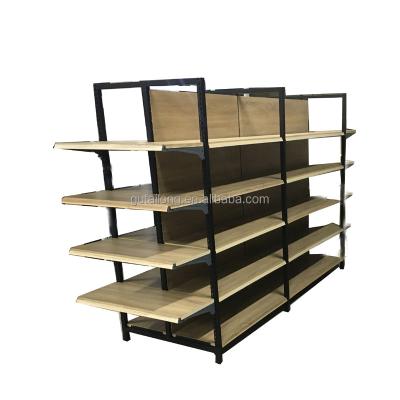 China Double Sided Supermarket Shelves Modern Design Wooden Board Transfer Printing Rack Supermarket Gondola Shelving for sale