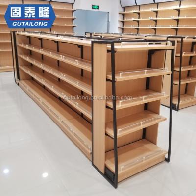 China Double Sided Modern Supermarket Steel Wooden Racks Display Shelves for sale