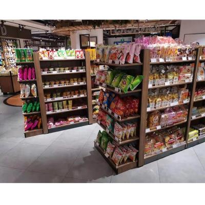 China Double Sided Steel Wooden Shelving Store Supermarket Wooden Rack Shelf for sale