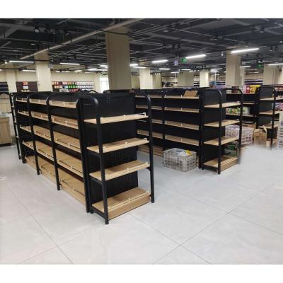 China Double Sided Supermarket Shelving Store Gondola Shelves Wooden Wooden Gondolas for sale